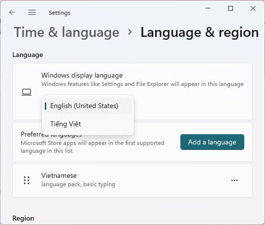 thay đổi ngôn ngữ trên windows 11 thành tiếng Việt